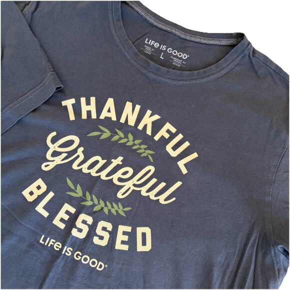 Life Is Good Women’s Blue Sz Large Short Sleeve Shirt Thankful Grateful Blessed - Picture 1 of 10